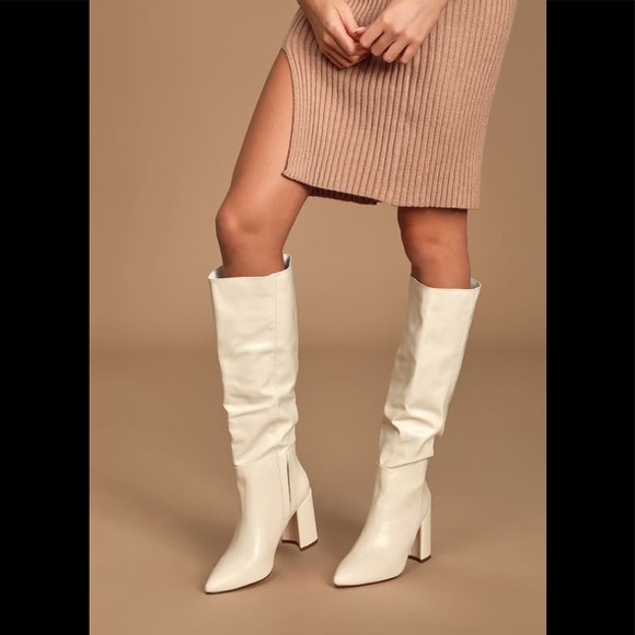 Lulu's Shoes Lulus White Pointed Toe Knee High Heeled Boots Poshmark